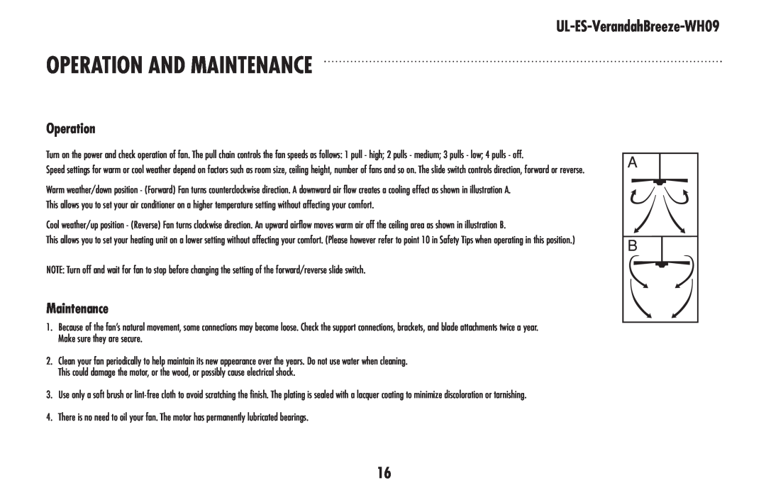 Westinghouse UL-ES-Verandahbreeze-Who9 owner manual Operation And Maintenance, UL-ES-VerandahBreeze-WH09 